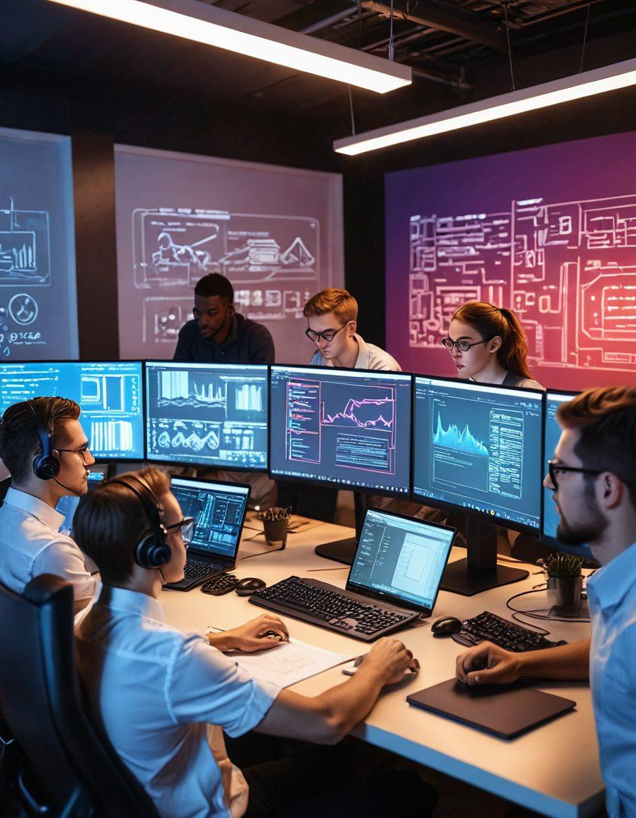 A professional team of web developers working on sleek, modern computers, surrounded by design drafts and coding screens. In the background, visible stages of a website's evolution from sketch on a whiteboard to a fully developed, interactive web page. Vibrant colors highlight creativity and innovation. super-realistic. dynamic lighting. modern office setting.