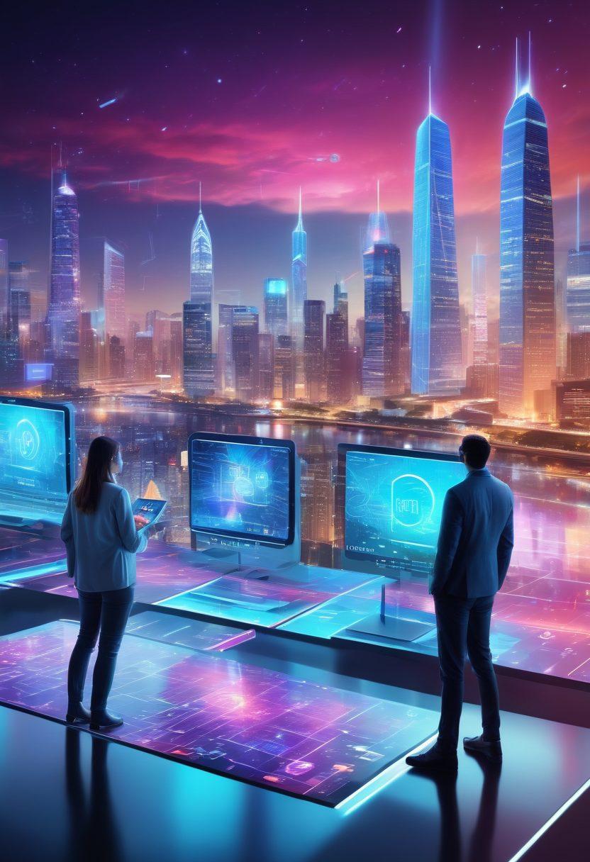A futuristic digital landscape with holographic interfaces showcasing various digital marketing tools. A diverse team of professionals engaging with vibrant, interactive screens displaying analytics, SEO metrics, and social media icons. The background features a blend of cyberspace elements and cityscape, symbolizing the integration of digital and real-world impact. holographic. super-realistic. vibrant colors.